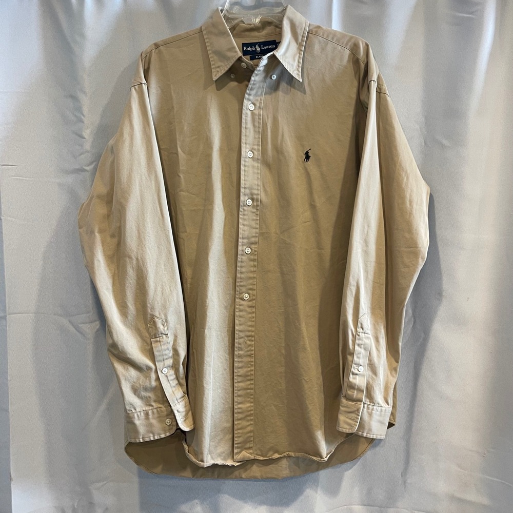 Ralph Lauren Blake Mens Large Tan Khaki Cotton Twill Button Down Shirt Pony Logo
